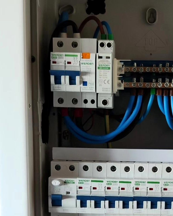 Detail of an electrical panel with tidy blue wiring